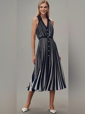 NWT By Anthropologie Navy & White Vertical Stripe PleatButton-Front Dress Size M